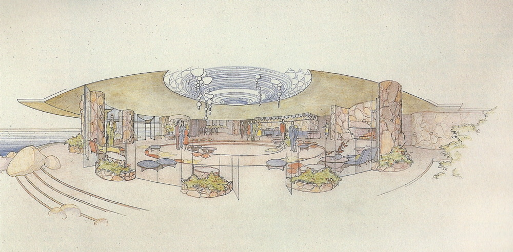 Unbuilt House for Arthur Miller and Marilyn Monroe designed by Frank Lloyd Wright; ca. 1957.