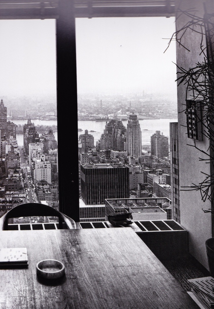 A view from architect Philip Johnson’s office in the Seagram Building, designed by Ludwig Mies van der Rohe and Johnson in 1957. Photograph by Julius Shulman. / Pinterest